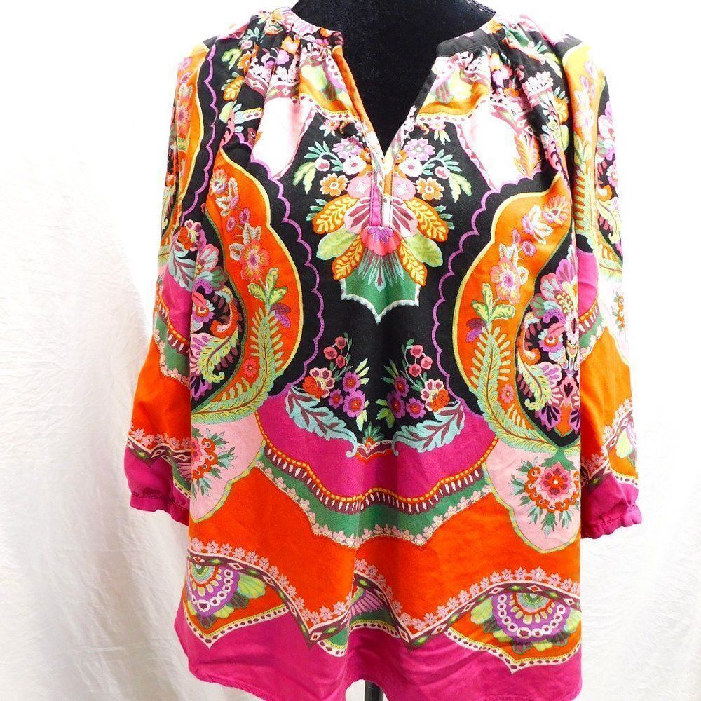 Rachel Zoe 1X Floral Paisley Rainbow Print Blouse EUC